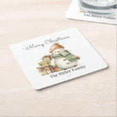 可愛いパーソナライズされた雪だるま&クリスマスプレゼント スクエアペーパーコースター (アングル)