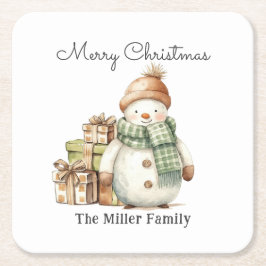 可愛いパーソナライズされた雪だるま&クリスマスプレゼント スクエアペーパーコースター