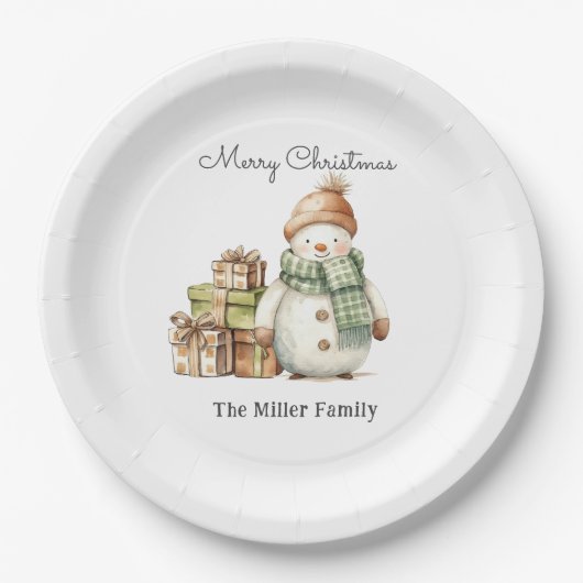 可愛いパーソナライズされた雪だるま&クリスマスプレゼント ペーパープレート (正面)