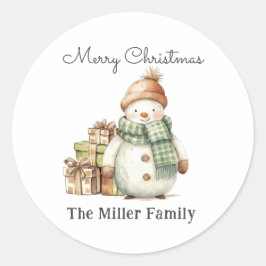 可愛いパーソナライズされた雪だるま&クリスマスプレゼント ラウンドシール