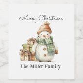 可愛いパーソナライズされた雪だるま&クリスマスプレゼント ワインラベル (シングルラベル)