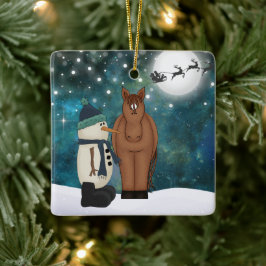 可愛いパーソナライズされた馬と雪だるまのクリスマス セラミックオーナメント
