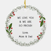 可愛いパーソナライズ可能な名前と陽気な日付クリスマス セラミックオーナメント (裏面)