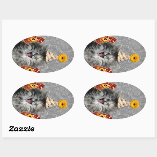 可愛いパーティーの子猫をダマスクの背景 楕円形シール (シート)