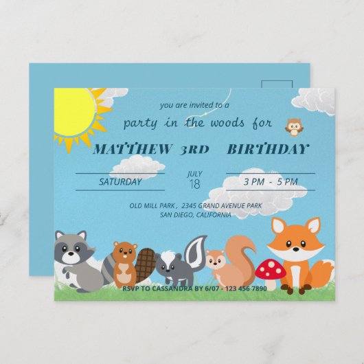 可愛いパーティーの森の動物の子供たち誕生日 ポストカード (正面/裏面)