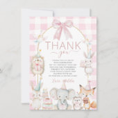 可愛いパーティー動物おもしろいが1歳の誕生日ピンク サンキューカード (正面)