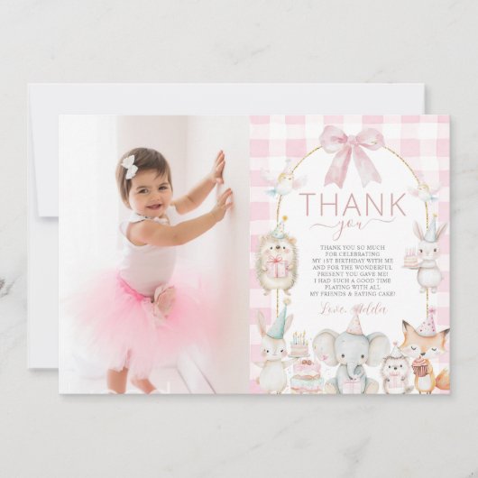 可愛いパーティー動物おもしろいが1歳の誕生日ピンク サンキューカード