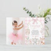 可愛いパーティー動物おもしろいが1歳の誕生日ピンク サンキューカード (スタンド正面)