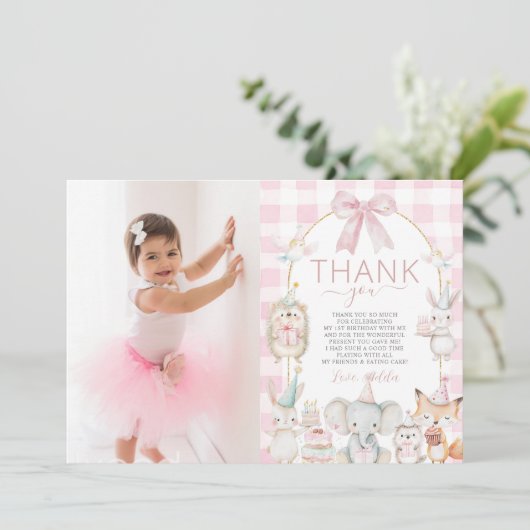 可愛いパーティー動物おもしろいが1歳の誕生日ピンク サンキューカード (スタンド正面)