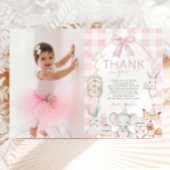 可愛いパーティー動物おもしろいが1歳の誕生日ピンク サンキューカード