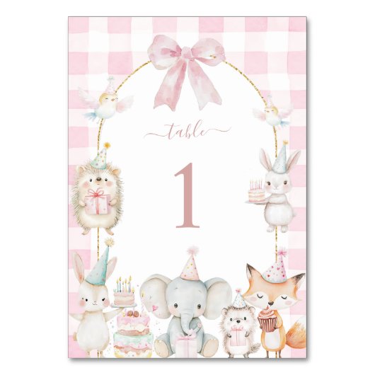 可愛いパーティー動物おもしろいが1歳の誕生日ピンク テーブルナンバー (裏面)