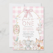 可愛いパーティー動物おもしろいが1歳の誕生日ピンク 招待状 (正面)