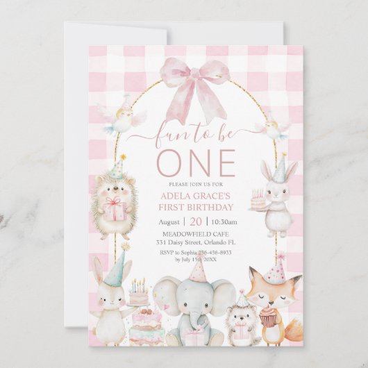 可愛いパーティー動物おもしろいが1歳の誕生日ピンク 招待状 (正面)