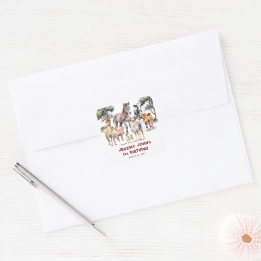 可愛いパーティー農園動物ありがとう来。 スクエアシール (封筒)