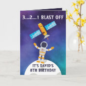 可愛いパープルブルー宇宙飛行士衛星8誕生日 カード (黄色い花)