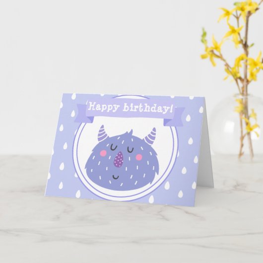 可愛いパープルモンスター – 子供の誕生日 カード (黄色い花)