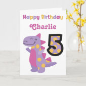 可愛いパープル恐竜5誕生日カード カード (黄色い花)