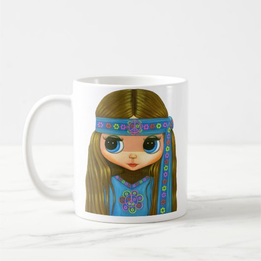 可愛いヒッピーChick in Blue Big Eyesピースサイン コーヒーマグカップ (左)