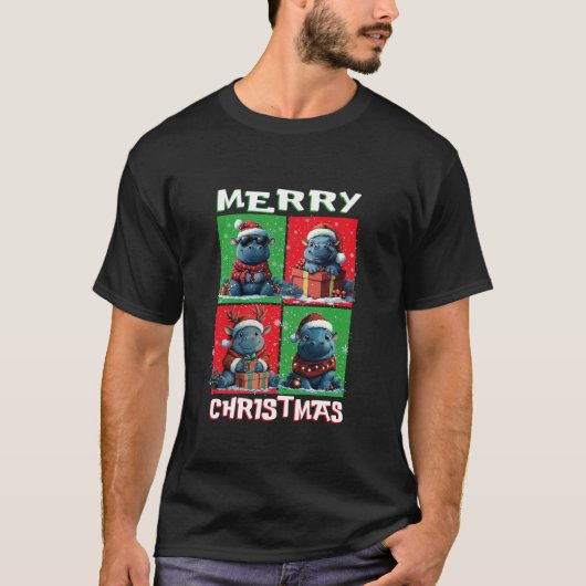 可愛いヒッポサンタアニマルズラバーメリークリスマストル Tシャツ (正面)