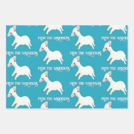 可愛いヒツジのアクアブルーティール（緑がかった色）ストライプの柄 ラッピングペーパーシート