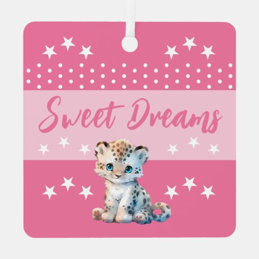 可愛いヒョウshhh追加の名前は眠っているピンク メタルオーナメント (裏面)