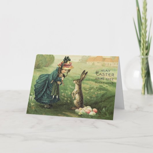 可愛いビクトリアン女の子の人形イースターバニー シーズンカード (正面)