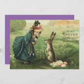 可愛いビクトリアン女の子の人形イースターバニー 招待状 (正面/裏面)