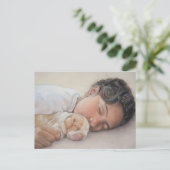 可愛いビーグルの子犬を抱いて眠っている子供 ポストカード (スタンド正面)