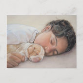 可愛いビーグルの子犬を抱いて眠っている子供 ポストカード (正面)