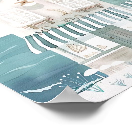 可愛いビーチイラストレーション水彩スタイル ポスター (角)