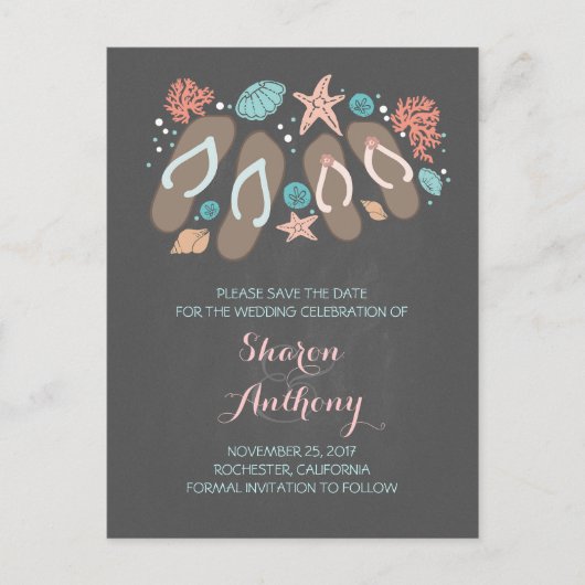 可愛いビーチサンダルビーチ結婚式保存日付 案内ポストカード (正面)