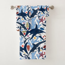 可愛いビーチシャークのタイル柄バスタオルセット バスタオルセット