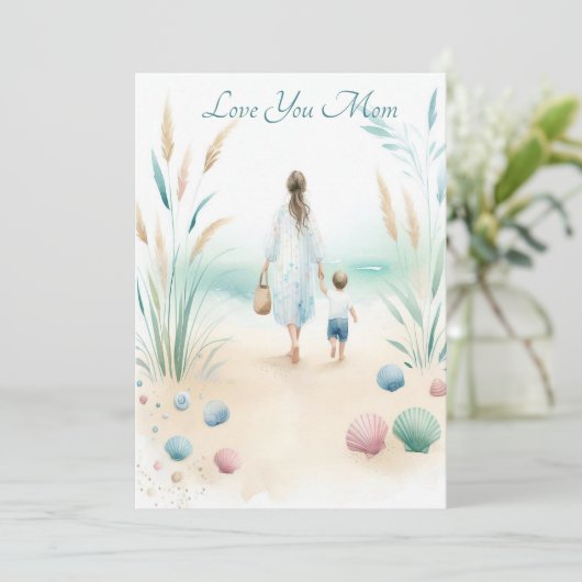 可愛いビーチ母の日の水色と歩く シーズンカード (スタンド正面)