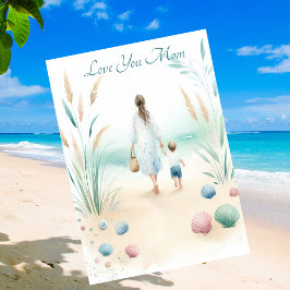 可愛いビーチ母の日の水色と歩く シーズンカード