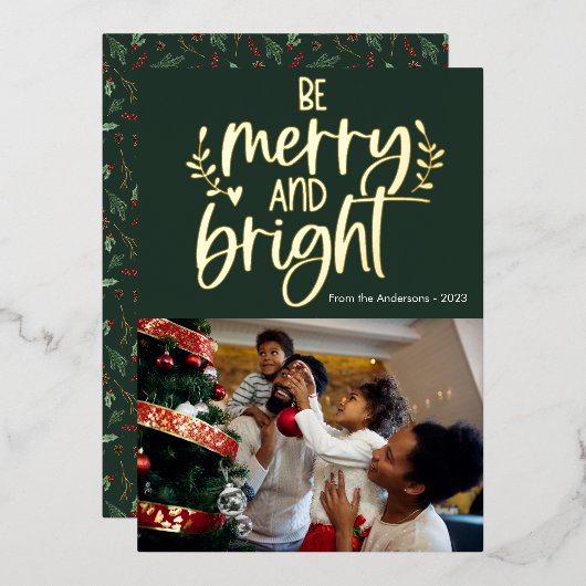 可愛いビーメリーと明るいフォトフォイルのホリデーカード 箔シーズンカード (正面/裏面)