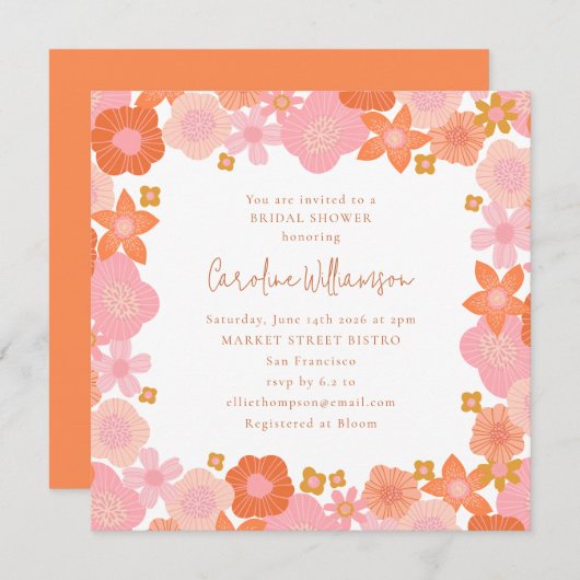 可愛いピンクとオレンジのフローラ縁どブライダルシャワー 招待状 (正面/裏面)