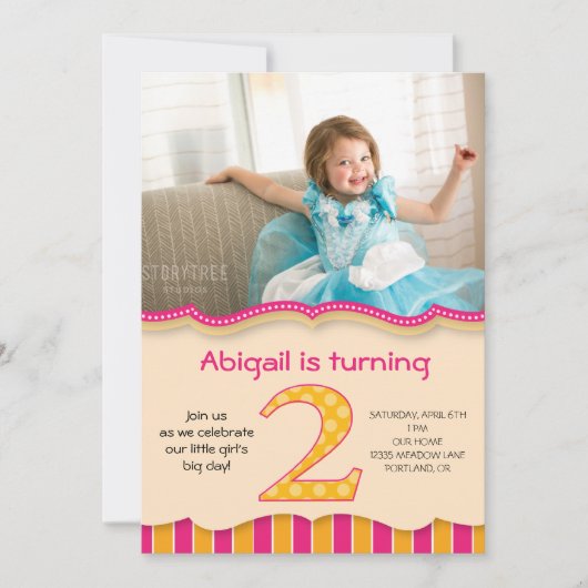 可愛いピンクとオレンジの女の子の2歳の誕生日 招待状 (正面)