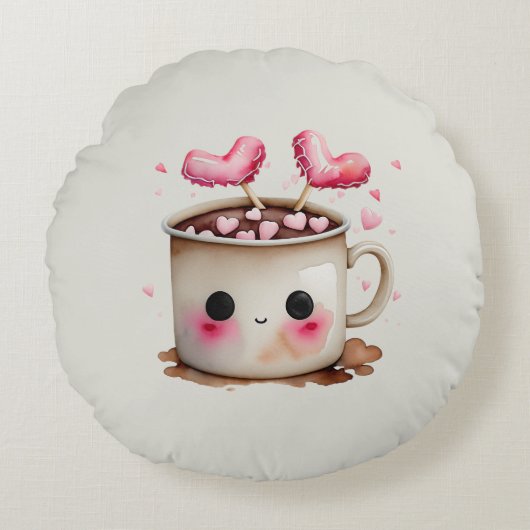 可愛いピンクとクリーム水色ホットチョコレートマグ ラウンドクッション (正面)
