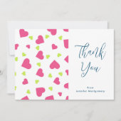 可愛いピンクとグリーンのハート柄ありがとう サンキューカード (正面)