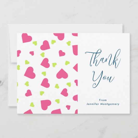 可愛いピンクとグリーンのハート柄ありがとう サンキューカード (正面)