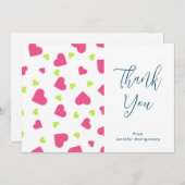 可愛いピンクとグリーンのハート柄ありがとう サンキューカード (正面/裏面)