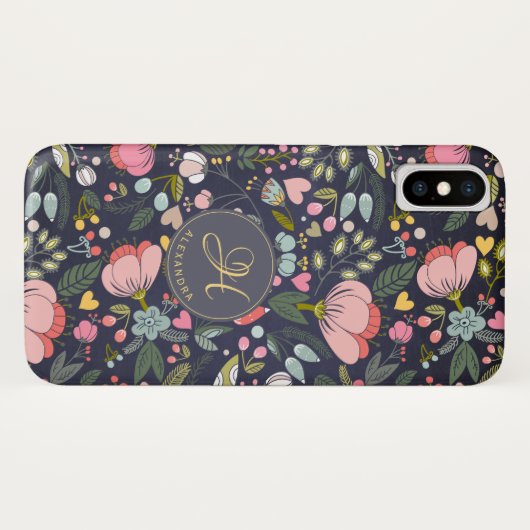 可愛いピンクとグレーの花の柄モノグラム名 Case-Mate iPhoneケース (裏面(横))