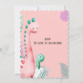 可愛いピンクとティール（緑がかった色）恐竜の女の子赤ちゃんシャワー 招待状 (裏面)