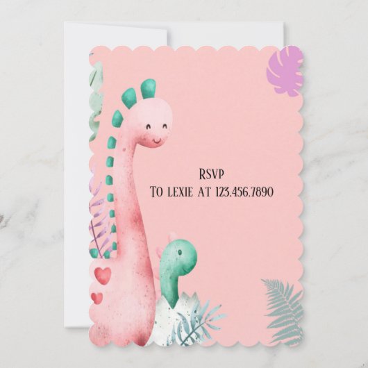 可愛いピンクとティール（緑がかった色）恐竜の女の子赤ちゃんシャワー 招待状 (裏面)