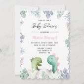 可愛いピンクとティール（緑がかった色）恐竜の女の子赤ちゃんシャワー 招待状 (正面)