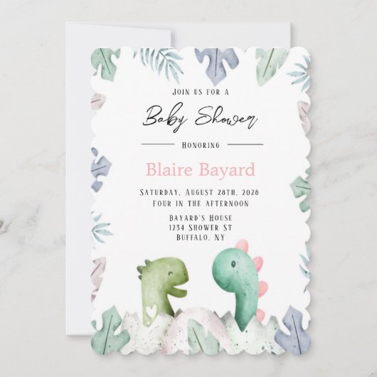 可愛いピンクとティール（緑がかった色）恐竜の女の子赤ちゃんシャワー 招待状 (正面)