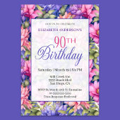 可愛いピンクとパープルの庭の花 90歳の誕生日 招待状
