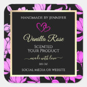 可愛いピンクとブラックのフローラ製品ラベルハート スクエアシール (正面)