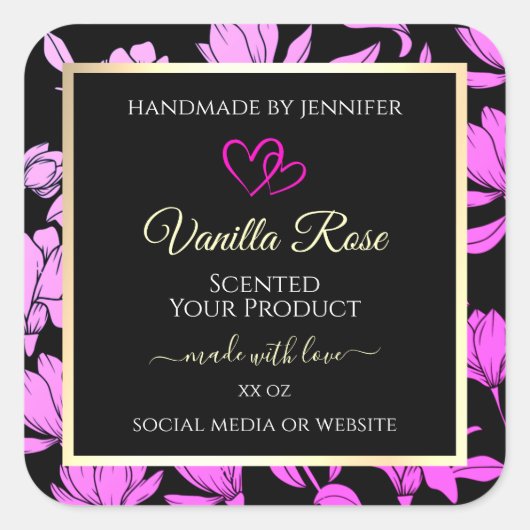 可愛いピンクとブラックのフローラ製品ラベルハート スクエアシール (正面)