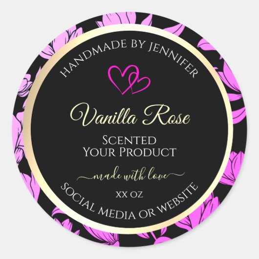 可愛いピンクとブラックのフローラ製品ラベルハート ラウンドシール (正面)